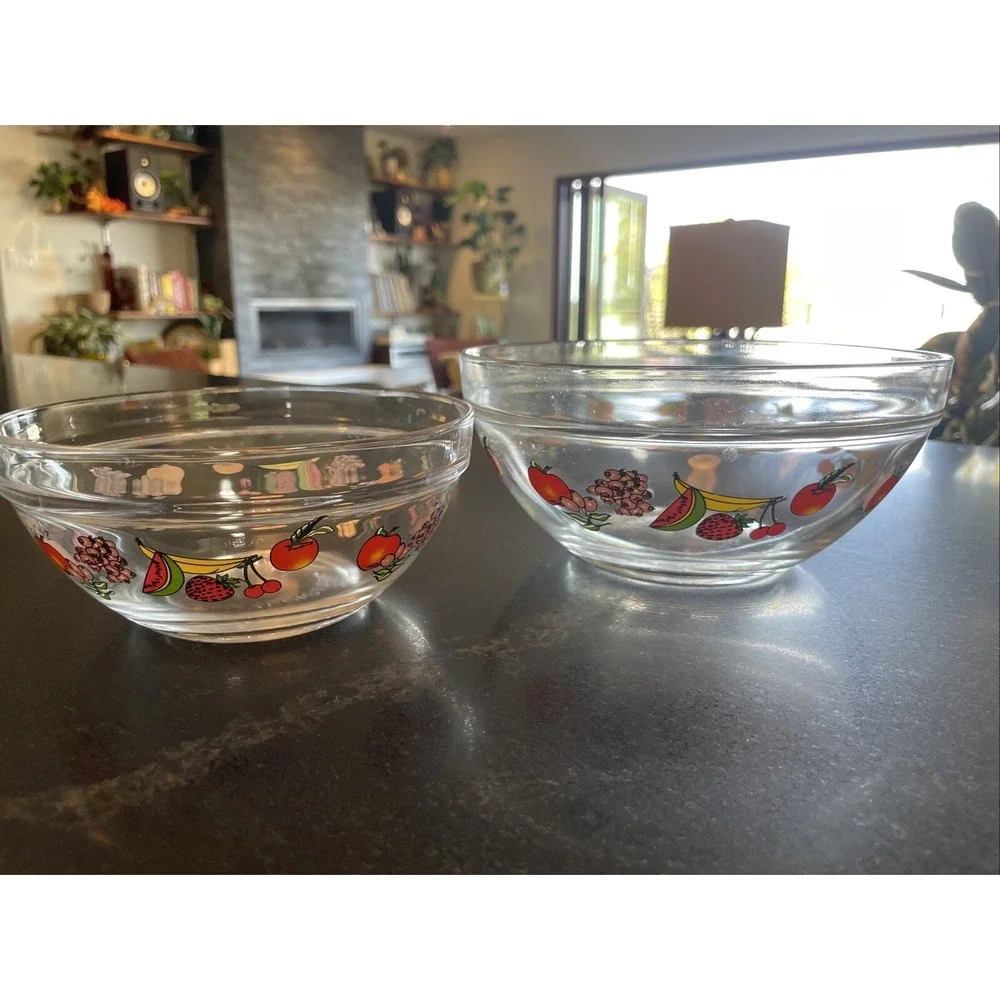 Vintage Glass Nesting Bowls Fruit Decals Mixing Salad 2 Clear Bowls Cereal